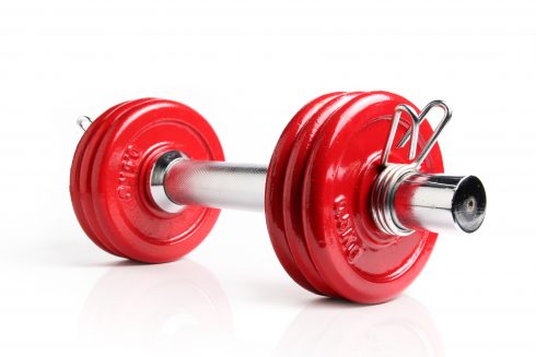 A red dumbbell isolated on a white background, with reflection